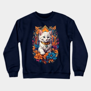 White Kitten art deco retro vintage fusion design Crewneck Sweatshirt